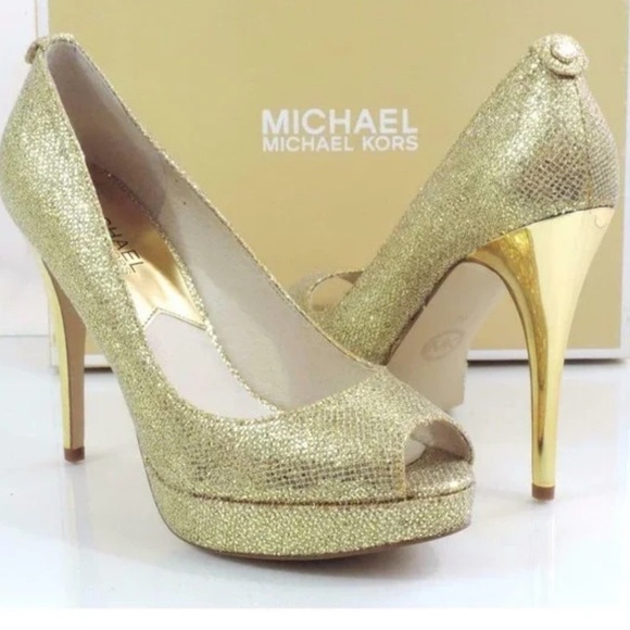 Michael Kors York Evening Platform Open Toe Pumps Heels Gold Glitter - Picture 1 of 8